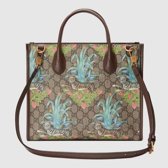 Gucci Tote Bag Beige Ebony Brown Tiger Flower Print GG Supreme Canvas Leather - Picture 3 of 7